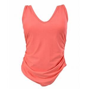 Kona Sol 14W Plus One Piece Swimsuit Coral Ruched V-Neck Tummy Control Resort